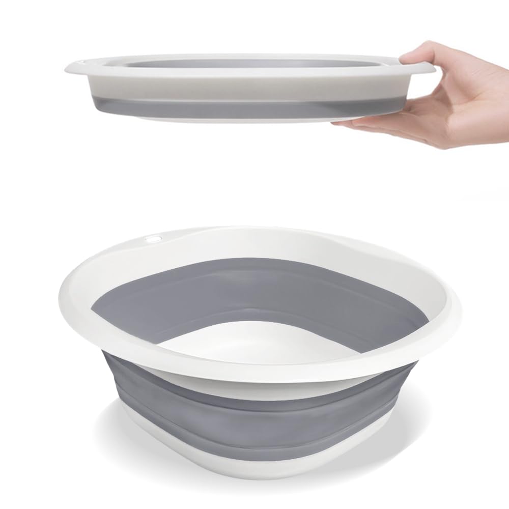 Blinggo Collapsible Wash Basin, Plastic+TPR Buckets, Portable and Space Saving, Multi-Function Use, Large and High Capacity (Large Grey)