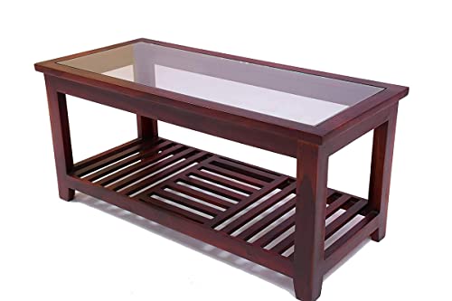 Image of Solid Sheesham Wood Modern Rectangular Coffee Table with Glass Top for Living Room with Bottom Storage Shelf /Glass Center Table for Sofa (Mahogany)
