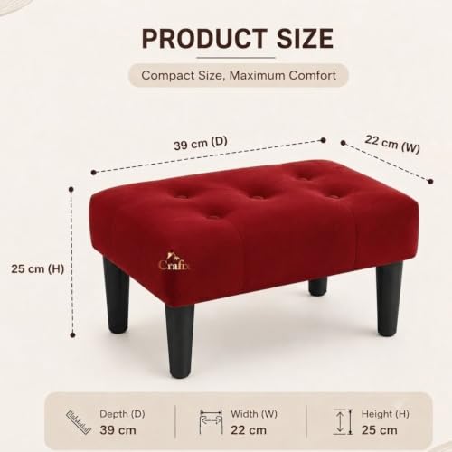Image of Upholstered Foot Rest Ottoman Stool with Wooden Legs, Tufted Footstool for Living Room, Bedroom, Makeup Vanity, Entryway, Comfortable Footrest Bench, Modern Accent Ottoman (Red)