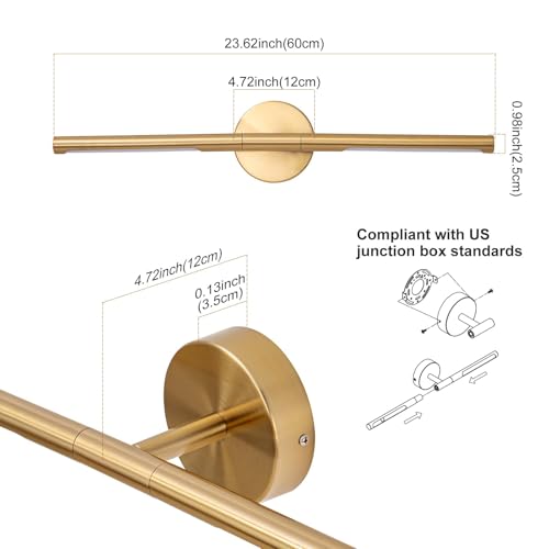 Image of Gold Bathroom Light Fixtures Over Mirror 24 Inch, 18W 360 Rotatable Dimmable 4000K Led Brass Vanity Lighting Fixture, Brushed Gold Bathroom Vanity Lights Above Mirror