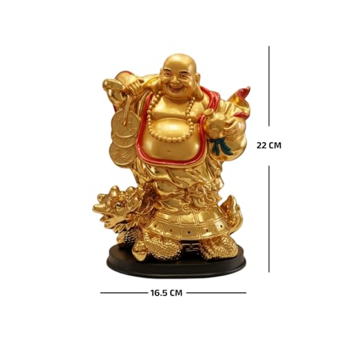Image of Feng Shui Gold Laughing Buddha Statue on Dragon Turtle for Wealth & Prosperity - 22cm Large Hotei Buddha Figurine with Wu Lou & Money Coins - Home Decor, Office Vastu, Good Luck Gifting