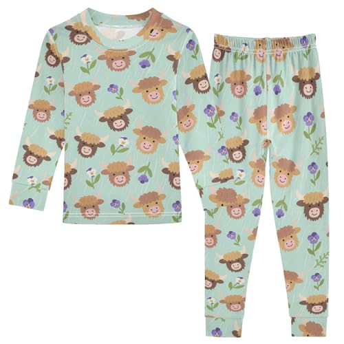 Cartoon Cute Highland Cattle Flowers Cute Pajama Sets Long Sleeve Top and Pants, Snug Fit Sleepwear for Night Wears
