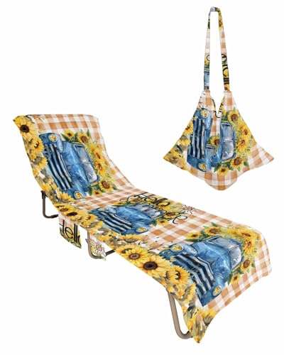 Sunflower Plaid Beach Lounge Chair Towel Cover, Soft Chaise Lounge Towel with Side Pockets Patio Pool Chairs Cover for Beach/Pool Sunbathing 29x85 Farm Blue Truck Floral Buffalo Orange