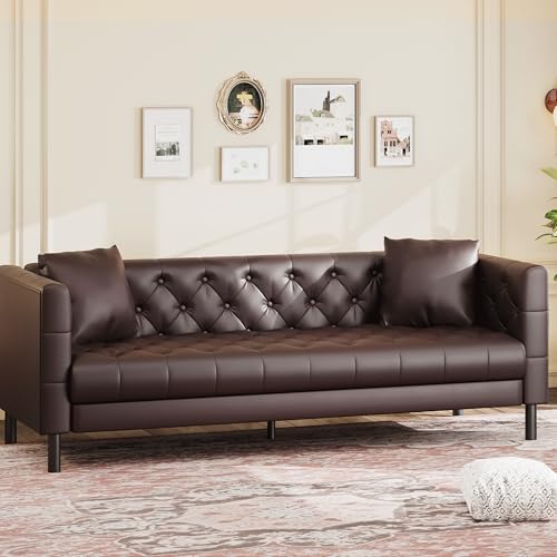 GAOMON 81" Leather Couch, Handmade Button Tufted 3 Seater Sofa, Chesterfield Sofa with Deep Seat and 2 Pillows, Leather Sofa for Living Room Apartment, Office, Dark Brown - Image 6