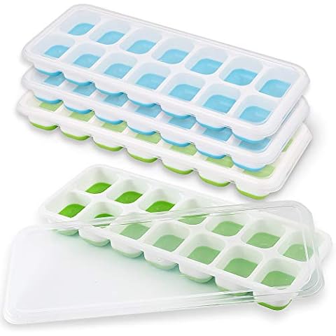 Newk Ice Trays 4 Packs, Easy- Ice Cube Tray with Removable Lid for Cocktail, Beer, Stackable Flexible Ice Molds-2 Blue+2 Green Cover