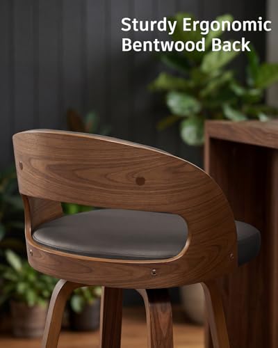 Image of AQG Swivel Bar stools Set of 2 Bar Chairs 26 inch Counter Height Mid-Century Modern Bentwood Barstool PU Leather Upholstered Bar Chair with Back and Footrest, for Bar, Cafe, Dining, Kitchen Island, Brown