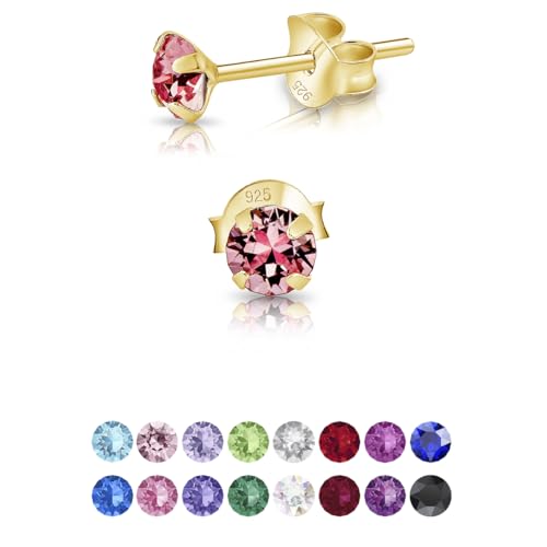 Pendientes Rosa Palo - Pendientes Mujer Plata de Ley 925 Chapados Oro con Cristales Swarovski 4 mm - Pendientes Mujer Rosa - Pendientes Colores Mujer - Pendientes Dorados Mujer