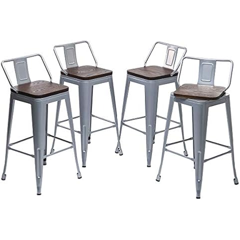 Yongqiang 24" Swivel Metal Bar Stools with Backs Counter Height Barstools Set of 4 Industrial Kitchen Bar Chairs with Wooden Seat Silver Cover