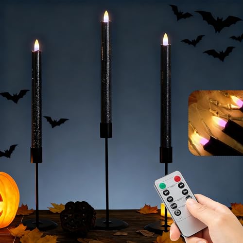 Image of JOIONE Black Flameless Taper Candles with Remote, 3 Pack Halloween Decor | Battery Operated LED, Black Real Wax, Remote Control, Warm Flickering Glow, Safe Halloween Home & Party Decor