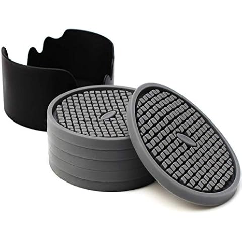 IYYI Silicone Drink Coasters Set of 6 in Holder, Cup Coaster for Drinks Deep Grooved Absorbent Coaster Protect Furniture from Damage Large 4 inch Cup Mat (Gary) Cover