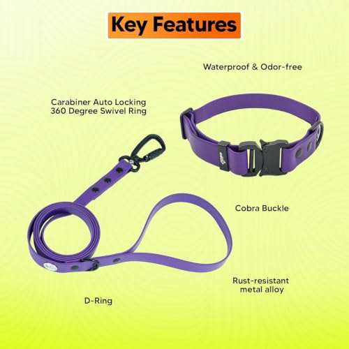 Image of Adil's Biothane Waterproof Dog Collar, Dog Leash & Collar Leash Combo | Heavy Duty TPU Coated Webbing | Adjustable Quick Release Buckle | Odour Resistant (Purple, M-18, Collar & Leash Combo)