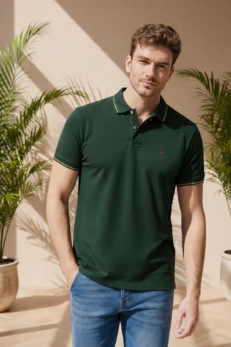 Image of Louis Philippe Men's Slim Fit Single-Tuck Pique Stylized Sleeve Print and Contrast Tipping Half Sleeve Solid Polo Tshirt