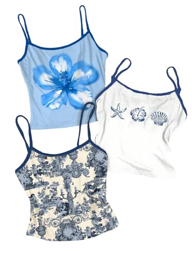 Girl's 3 Packs Graphic Camisole Tops Spaghetti Strap Crop Tank Top Boho Vacation Outfits