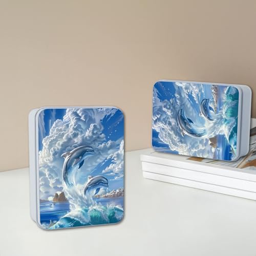 Image of Metal Tin Box with Lid,Multi-functional Storage Large Box Can Store Tea Biscuits Game Cards, Playing & Tarot Cards-Comes with 4 Magnetic Cord Clips,Cute Dolphins