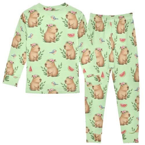 Pajama Sets Long Sleeve Cute Capybara with Flowers Pattern Soft Comfy Sleepwear 2 Piece PJS 3-8T3