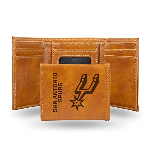 Rico Industries NBA San Antonio Spurs Mens Trifold Brown Wallet - Premium 9 Pocket Laser-Engraved Team Logo on Vegan Leather - Minimalist Design ID Window Credit Card Holder - Ideal Mens Gift