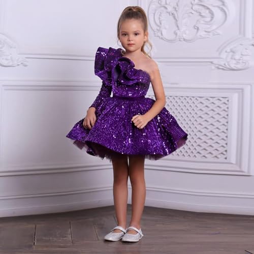 Long Sleeve Short Mini Girl Pageant Dresses Sparkly Sequins One Shoulder Flower Girl Gowns 2025 TJ182