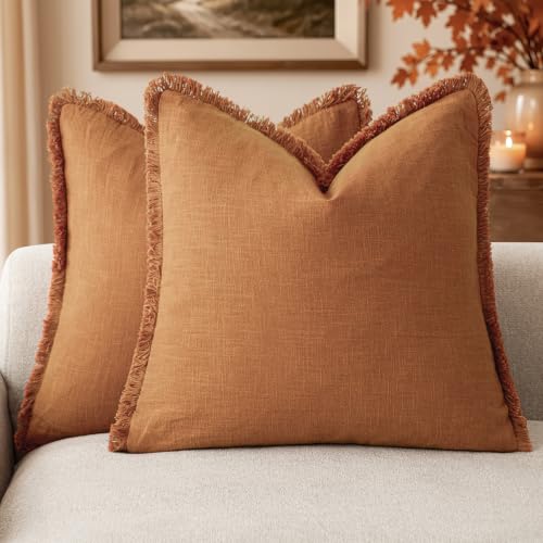 Image of Foindtower Decorative Linen Fringe Throw Pillow Covers 18x18 Inch,Orange