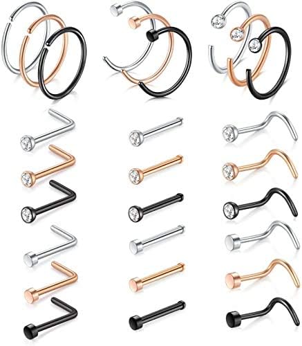 incaton Nose Studs L Shape 20 G Surgical Stainless Steel Diamond Nose Pin Bone Nostril Piercing Jewelry CZ Heart Flat Top Clear Nose Retainer for Work Women Men