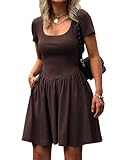 Mieazom Women's Summer Casual Short Sleeve Mini Dress Square Neck A Line Pleated Swing Dresses Basic Short Dress with Pockets Brown M