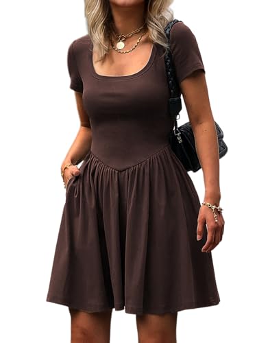 Image of Mieazom Women's Summer Casual Short Sleeve Mini Dress Square Neck A Line Pleated Swing Dresses Basic Short Dress with Pockets