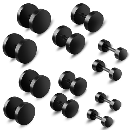 6 Pairs of Black Stud Earrings, Anti-sensitive Stainless Steel Dot Fake Gauge, Unisex Fake Earrings Set Suitable for Daily Wear and Any Occasion, 16G（4mm-10mm/0.15In-0.39In）