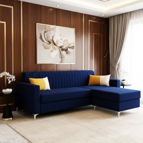 Image of SOCOZI Anton 4 Seater L Shape Sofa Set with Movable Ottoman | Flexible Left or Right Layout | Soft Velvet Suede Fabric | Modern Design | Plush Comfort Cushions for Living Room (Dark Blue)
