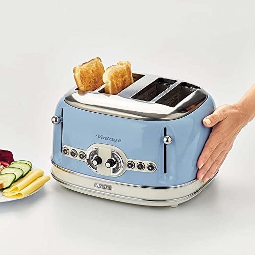 Ariete 0156/05 Retro Style 4 Toaster with 2 Slice Control, 6 Browning Levels & Removable Crumb Tray, Vintage Design, Stainless Steel, Blue