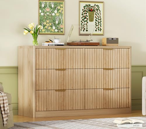 Image of TEENFON Fluted 6 Drawer Dresser for Bedroom, Wide Modern Chest of Drawers with Metal Handle, Curved Profile Design, Wood Closet Clothes Storage Organizer for Bedroom, Hallway, Natural