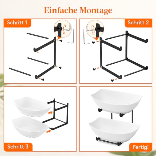 Lifewit Obst Etagere mit 2 Etagen, Obstschalen aus Kunstsoff mit Schwarzem Metallregal, Obstkorb Etagere 2 Stöckig, Obstständer Obstregal mit Weiße Servierplatte für Buffets/Obst/Snack/Gemüse/Desserts