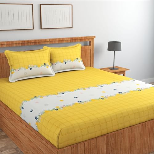 Image of NHD HOME Cotton Fitted King Size Bedsheets with 2 Pillow Covers | Elastic Fitted | Wrinklefree | Ultrasoft |Winter Bedsheet 220 tc tc Floral | 78x72+8 Inches, Yellow White