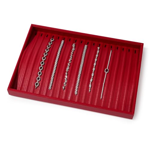 Luxury Leather Jewelry Tray Necklace Display Tray Jewelry Organizer Drawer Necklace Bracelet Holder Organizer Tray Stackable Jewelry Trays Necklace Bracelet Display Storage (Red)