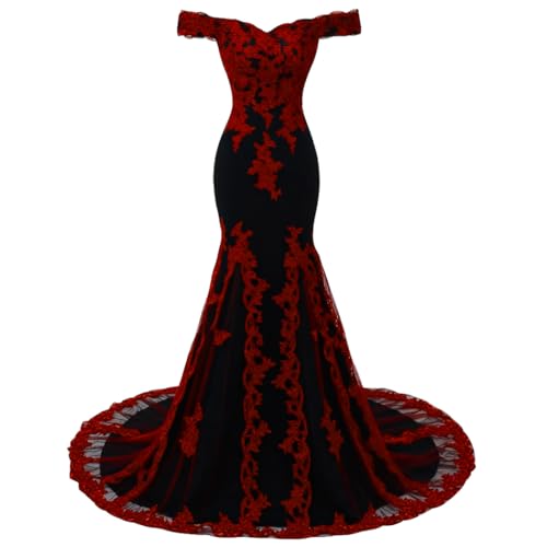 Long Off The Shoulder Mermaid Evening Dress, Black Lace Gothic Wedding Gown with Court Train, Tulle Corset Formal Prom Dress, Black Red, 12