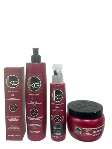 Keragold Kg Pro – Pack Soin Professionnel Sans Sulfates – KéRatine & Acide Hyaluronique – Shampooing + Masque + SéRum + Spray Thermo-Protecteur – Anti-Frizz, RéParation & Brillance-image