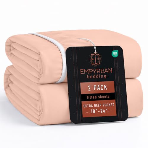 Empyrean 2 Pack Blush Pink Fitted Sheet Extra Deep Pocket, Hotel Luxury Cal King Fitted Sheet Only Easily Fits 18 to 24 Inch Mattress, Super Soft, Wrinkle-Free and Breathable with Corner Straps