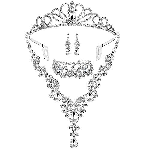 M MIRACULOUS GARDEN 4 Pack Rhinestone Crystal Choker Necklace Tiara Crown Link Bracelet Teardrop Dangle Earrings Jewelry Sets for Women