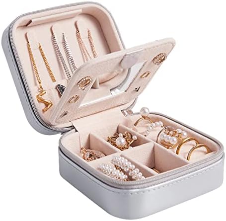 Mini Portable Jewelry Box Organiser, Travel Jewellery Case, Leather Double Layer Jewelry Box with Mirror, Rings Earrings Necklace Bracelets Jewelry Gift Box Girls Women (Silver)