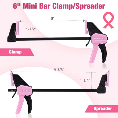 Image of WORKPRO 6 inch Mini Bar Clamps for Woodworking, 2-Pack One-Handed Clamp /Spreader, Light-Duty Screw-Change F Clamp with 50lbs Load Limit, Pink Ribbon
