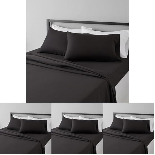 Image of Amazon Basics Lightweight Super Soft,Breathable Wrinkle-Free Microfiber 4 Piece Bed Sheet Set with 14-Inch Deep Pockets,King,Black,Solid,(Pack of 4)