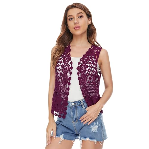 Image of Womens Floral Crochet Lace Boho Trim Sleeveless Open Front Vest Cardigan