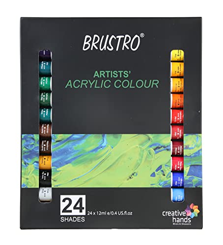 Image of BRUSTRO Technical Pen (Pack of 6) & Acrylic Paint Set of 24, Multicolour 12ml Tubes, multicolor & Professional Pigment Based Fineliner - Pack of 8 (Black)