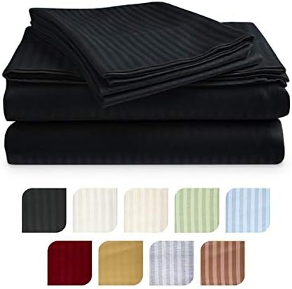 CrystalTowelsCrystal Trading 4-Piece Bed Sheet Set - Dobby Stripe - 100% Cotton Sateen - 300 Thread Count (Full, Black)