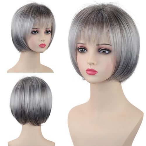 TISHINING Short Gray Bob Wig with Bangs for White Women