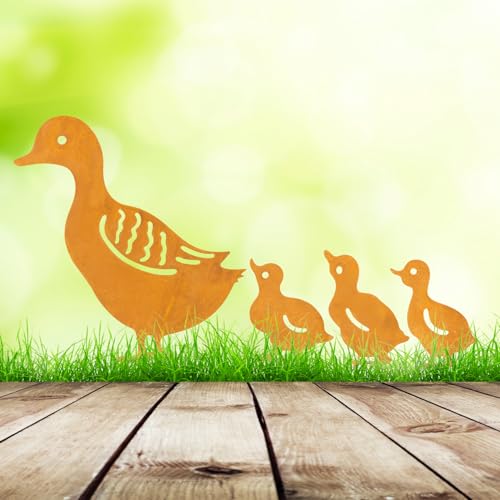 Garden Mile Lot de 4 décorations de jardin en forme de canard - Décoration d'extérieur en métal - Effet fer bronze - Parfait pour les cours, les parterres de fleurs, les jardinières