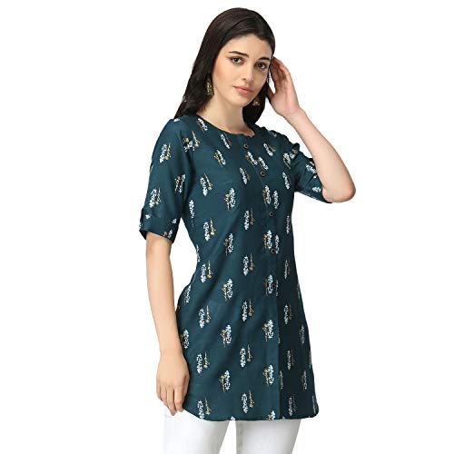 Image of OM SAI LATEST CREATION Slub Rayon Fully Stitched Anarkali Foil Print Kurti for Women & Girls on Jeans Palazzo or Skirt (Plus Size Upto 2XL) (Black)