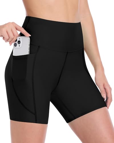 Runhit Women's Swim Board Shorts Swimsuit Bathing Suit Bottom UPF50+ High Waisted Tummy Control Quick Dry Pockets Liner 5" XS Black