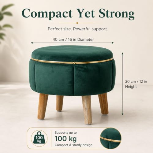 Image of Velvet Upholstered Round Ottoman Footstool | Anti-Slip Feet | Multipurpose Footrest, Step Stool & Vanity Seating & Decor | 40 x 30 cm (16 x 12 Inch) | Green