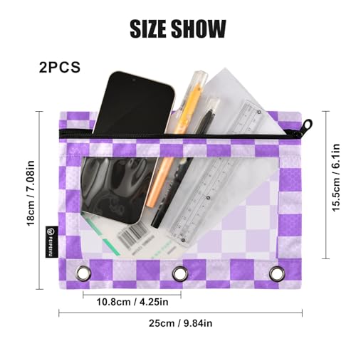 Image of Purple Grid Pencil Pouch for 3 Ring Binder with Zipper 2 Pack Binder Pouches Cosmetic Bag with Clear Window