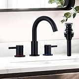 KZH Matte Black Bathroom Faucet 3 Hole, 8 inch Widespread Bathroom Faucet with Pop Up Drain, Bathroom Sink Faucet with 360° Swivel Spout, 2 Handle Vanity Faucet with Water Supply Hoses