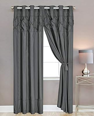 WPM 4 Piece Curtain Set; 2 Panels and Tie Backs Pintuck Designs Grey Color Drapes- JN1 (Grey)